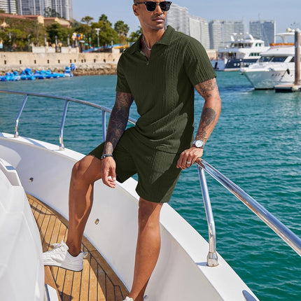Men'S 2 Pieces Outfits Casual Quarter Zip Polo Shirt and Shorts Set Athletic Jogging Summer Tracksuit