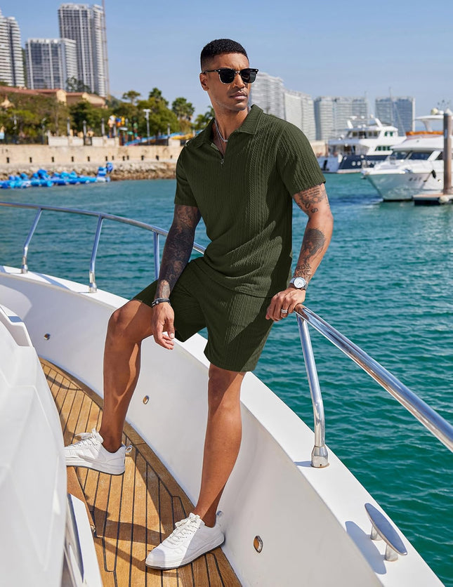 Men'S 2 Pieces Outfits Casual Quarter Zip Polo Shirt and Shorts Set Athletic Jogging Summer Tracksuit