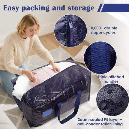 6 Pack Moving Bags Heavy Duty 210GSM with Full-Open Side Zipper, 93L 220Lbs Waterproof Foldable Storage Totes for College Dorm Move-In, Moving Boxes Alternative & Home Organization, Blue
