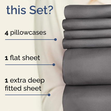 Extra Deep Queen Sheet Set - 6 Piece Breathable and Cooling Sheets - Grey | Hotel Luxury Bed Sheets Set, Easy & Secure Fit, Ultra-Soft, Wrinkle & Fade Free, Comfy Sheets Set with Extra Deep Pockets