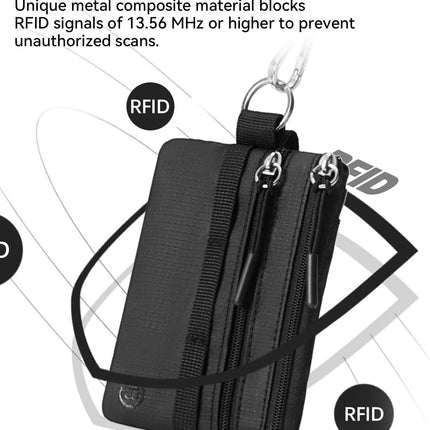 Small Wallet RFID, Minimalist Zip ID Case Wallet with Lanyard Keychain, Water Resistant Card Wallets for Women & Men, Black