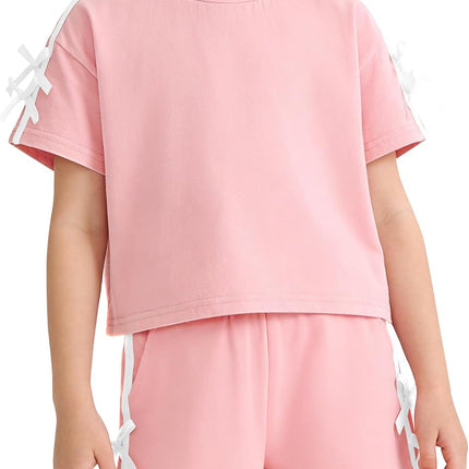 Toddler Girl Clothes 2 Piece Girls Summer Outfits White Bows Short Sleeved Top + Shorts Cute Clothing Set 3T-8Y