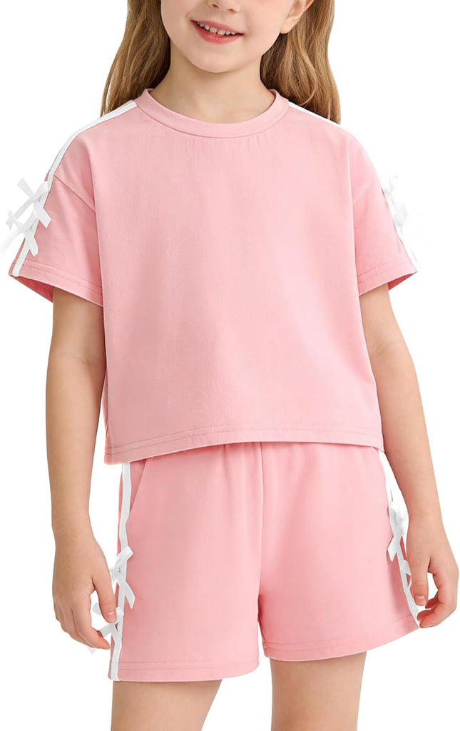 Toddler Girl Clothes 2 Piece Girls Summer Outfits White Bows Short Sleeved Top + Shorts Cute Clothing Set 3T-8Y