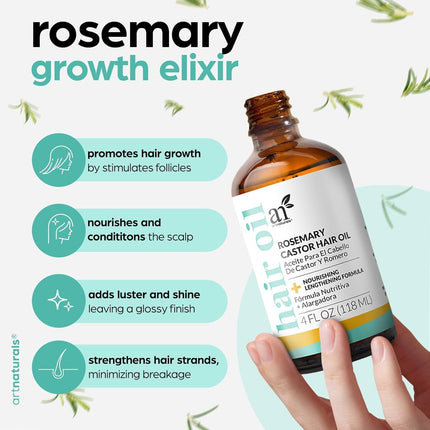 Organic Rosemary Castor Hair Growth Tonic Oil + Massager Hair Regrowth Set, 4 Oz with Coconut & Olive Oil, Scalp Treatment for Dry, Damaged & Split Ends