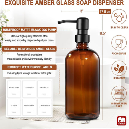 Amber Glass Soap Dispenser, 2 Pack Bathroom Hand Soap Dispensers with Stainless Steel Pump, 17 Fl Oz Kitchen Hand and Dish Soap Dispenser Set, Modern Vintage Liquid Brown Soap Dispensers Bottle