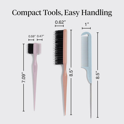 Kitsch Slick Back Hair Brush – Hair Styling Combs Kit with Pintail Comb, Edge Brush & Teasing Tool, Comb Set for Precision Parts, Smooth Edges, Volume & Slick Back Brush for Styling