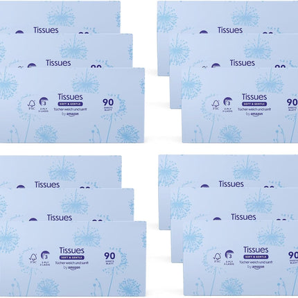 Amazon Brand - Presto! 3-Ply Facial Tissues, 1080 Count (12 Packs of 90)