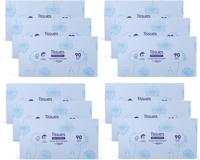 Amazon Brand - Presto! 3-Ply Facial Tissues, 1080 Count (12 Packs of 90)