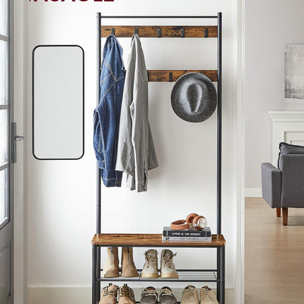 VASAGLE Coat Rack, Hall Tree with Shoe Storage Bench, Entryway Bench with Shoe Storage, 3-In-1, Steel Frame, for Entryway, 12.6 X 27.6 X 68.9 Inches, Industrial, Rustic Brown and Black UHSR41BX