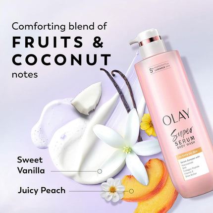 Super Serum Body Wash for Extra Dry Skin, 24Hr Long Lasting Rich Hydration, 5+ Ingredient Complex for Bright, Even, Firm, & Luminous Skin, with Collagen Peptide, Vitamin C & Shea Butter, 20 Fl Oz