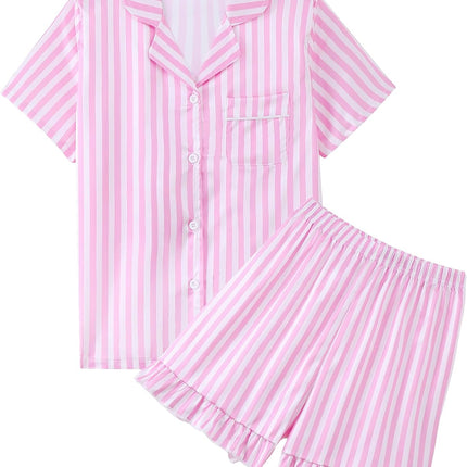 Girls Pajamas 2 Piece Summer Soft Silk Satin Short Sleeve Pajama Set Cute Pjs Sleepwear for Kids Size 6-16 Years