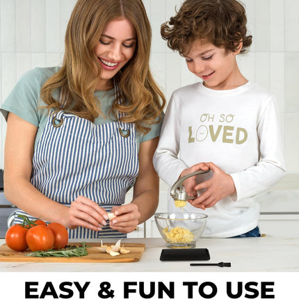 Premium Garlic Press Set - Rust Proof Professional Garlic Mincer Tool - Easy-Squeeze, Easy-Clean with Soft, Ergonomic Handle - Silicone Garlic Peeler & Brush (Silver)