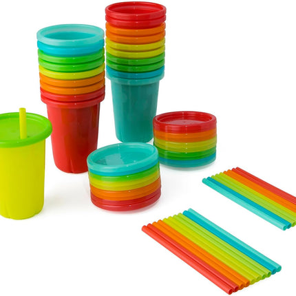 Take & Toss Straw Cups - Spill-Proof Kids Cups with Snap-On Lids and Straws - Portable and Dishwasher Safe Party Pack - Rainbow - 10 Oz - 20 Count - Ages 18 Months and Up