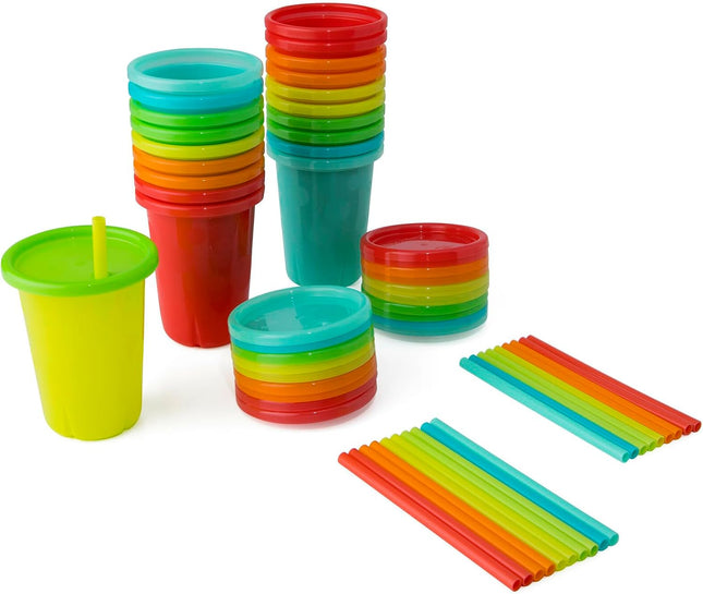 Take & Toss Straw Cups - Spill-Proof Kids Cups with Snap-On Lids and Straws - Portable and Dishwasher Safe Party Pack - Rainbow - 10 Oz - 20 Count - Ages 18 Months and Up