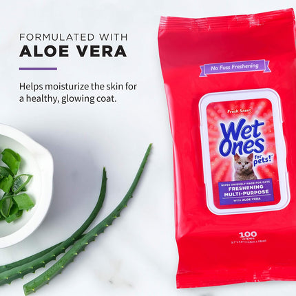 for Pets Freshening Multipurpose Cat Wipes with Aloe Vera, Fresh Scent - Easy to Use Cat Freshening and Grooming Wipes with Wet Lock Seal, 100 Count - 12 Pack
