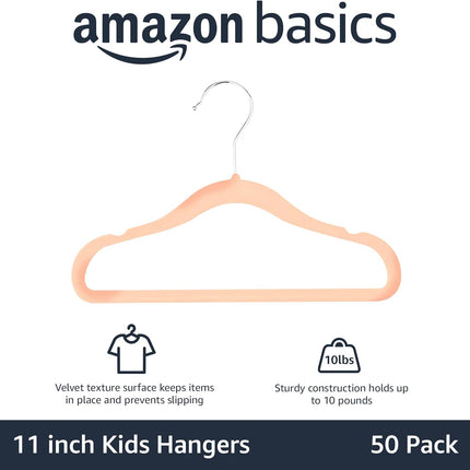 Kids Space Saving Velvet Non-Slip Clothes Hangers with Shoulder Notches for Infant and Toddler, 11.6", Blush, 50-Pack