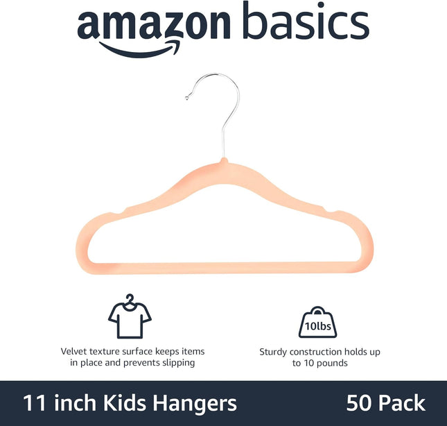 Kids Space Saving Velvet Non-Slip Clothes Hangers with Shoulder Notches for Infant and Toddler, 11.6", Blush, 50-Pack