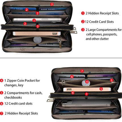 Women'S Wallet Large Capacity Double Zip Ladies Card Phone Holder RFID Blocking Wristlet Leather