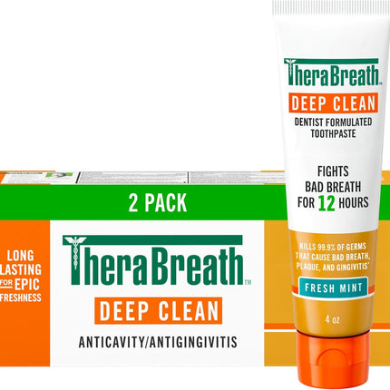 Deep Clean Toothpaste, Kills 99.9% of Germs That Cause Bad Breath, Gingivitis & Plaque (1), Gentle Teeth Whitening with Fluoride for Anticavity Protection, Fresh Mint, 4 Oz, 2-Pack
