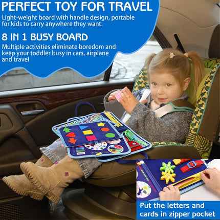 Toddler Busy Board Montessori Toys for Boys, Sensory Book Educational Activities for Learning Fine Motor Skills, Birthday Gifts for Boys Toddlers, Travel Toys for Airplane Car, Blue Dinosaur