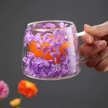 Double Walled Glass Cups 200Ml/6.8Oz, Floral Design with Handle