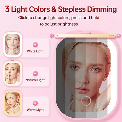 Ultra Slim Pocket Mirror with Light, 1X/3X Compact Travel Mirror,Light Pink