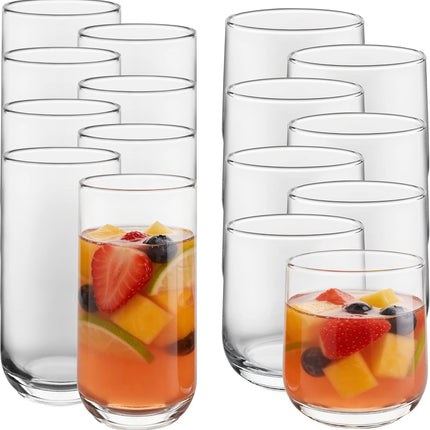 Ascent Tumbler and Rocks Drinking Glasses Set of 16, Glass Drinking Glasses with Curvature, Versatile Glassware Set for Parties and More