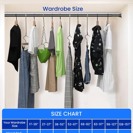 Closet Rods for Hanging Clothes, 17 to 84 Inches Stepless Adjustable Metal Closet Rod, 1.3 Inches Heavy Duty Clothes Hanging Rod for Closet Wardrobes Laundry RV, Black