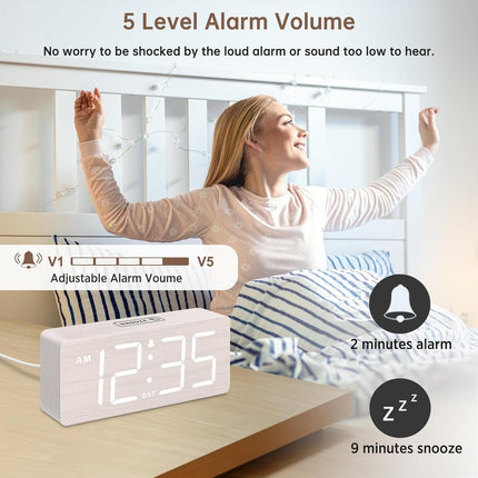 Wooden Digital Alarm Clock for Bedroom with Large Numbers | Desk Clock for Living Room Office, Loud Alarm for Heavy Sleepers Adults, Volume Control, Dimmer, DST, Wood Decor (Plug-In)