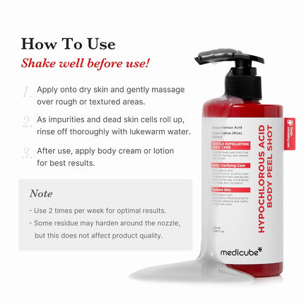 Body Peel Shot with Hypochlorous Acid | Gentle Body Exfoliating Serum for Dead Skin Cells, Rough Patches & Uneven Texture | Rice Extract, Panthenol for Hydrating & Smoothing Care | 9.46 Fl.Oz
