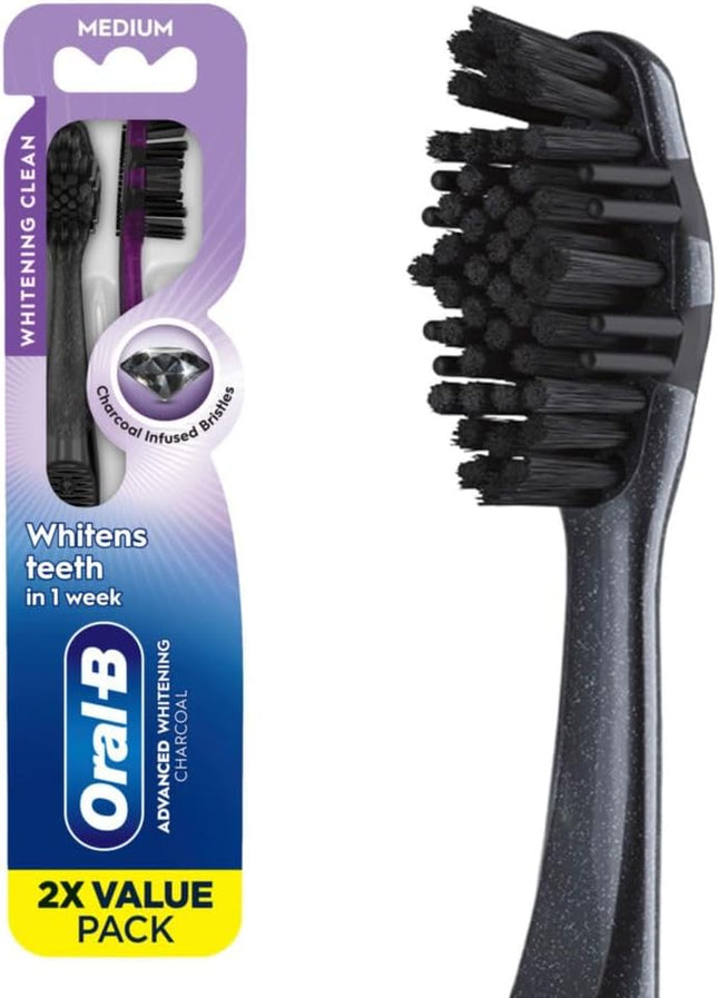3D White Charcoal Manual Toothbrush, 2-Pack, Medium Bristles, Teeth Whitening Brushes for Adults