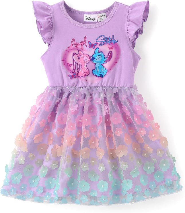 Princess Frozen Elsa Minnie Stitch Toddler Girl Tulle Tutu Dress Ruffle Sleeve Mesh Summer Birthday Party Clothes 2-9Y