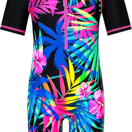 Short Sleeve Girls Swimsuits UV 50+ One Pieces Zipper 2-14Y | from Beach Vacations and Pool Parties to Cruises and Water Parks, This Colorful Floral Swimsuit Is Her Summer Favorite