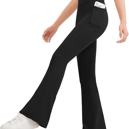 Girls Flare Leggings Kids Bell Bottom Flared Yoga Pants High Waisted Athletic Tight with Pockets