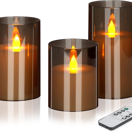 Flameless Candles 4" 5" 6" Acrylic Glass Pillars 3" Diameter Battery Operated Flickering Candles Include 8-Key Remote with Timer Function 400+ Hours (Gray, Warm Light 3 Pack)
