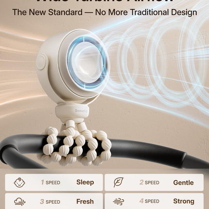 Portable Stroller Fan, Pinch-Proof Baby Fan, 5-Speed Quiet Mini Clip on Fan, USB-C Rechargeable Battery, LED Display for Car Seat, Crib & Travel - Cream