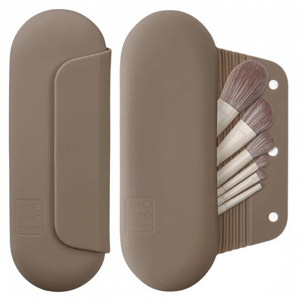 Silicone Makeup Brush Holder Travel Cosmetic Bag：Soft Portable Cosmetic Face Brushes Holder with Upgrade Anti-Fall Out Magnetic Closure, Large Travel Makeup Brush Case - Walnut