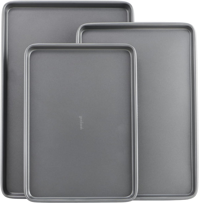 Everyday Nonstick Baking Sheet Set, 3 Pack Includes Small (13×9) Medium (15×1) and Large (17×11) Pans Carbon Steel Construction Cookie Sheets Bakeware Set, Gray