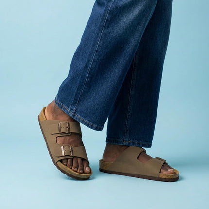 Lane Cork Footbed Mens Sandals, Adjustable Buckle Comfort Slides for Men, Genuine Leather Insole Summer Sandals Men Footwear