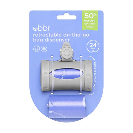 Ubbi Retractable Bag Dispenser for Diaper Bag, Portable Bag Holder for Travel, Newborn Baby Essentials, Diaper Bag Must Have, Includes 24 Lavender Scented Bags, Gray