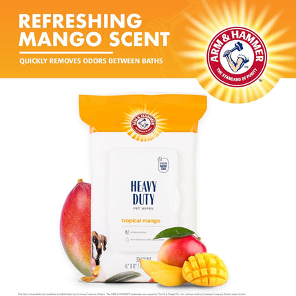 Arm and Hammer for Pets Heavy Duty Multipurpose Dog Bath Wipes, Mango Scent, Travel Size - All Purpose Wipes That Remove Odor and Refresh Dog Coat between Baths, 30 Count