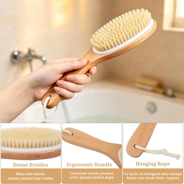 Dry Brushing Body Brush, Natural Boar Bristles Body Scrubber for Bath, Wooden Handle Lymphatic Drainage Brush for Skin Exfoliation and Foot Scrubbing