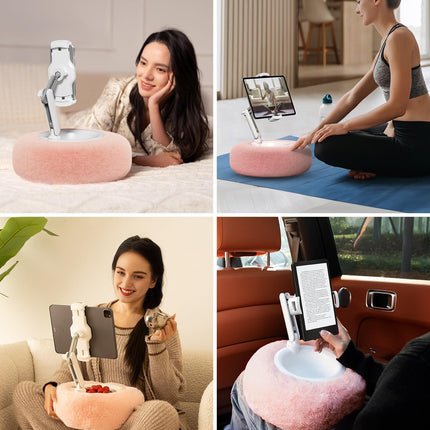 Tablet Stand Pillow, Compatible with 4.7"-13" Phone/Tablet, Ipad, Iphone, Samsung, Google, Kindle, 360°Adjustable Phone Holder for Bed with Soft Plush Fabric, and Detachable Bowl, Pink