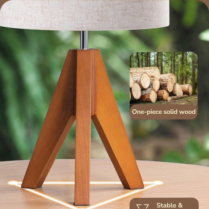 Tripod Table Lamp, Small Cute Bedside Lamp, 14.2 Inch, E26 Base | Light Brown Wooden Base, Linen Beige Lampshade, Nightstand Lamp for Nursery, Bedroom, Kid Room, Living Room