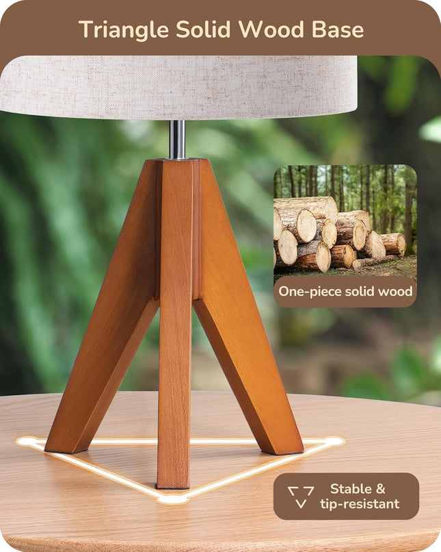 Tripod Table Lamp, Small Cute Bedside Lamp, 14.2 Inch, E26 Base | Light Brown Wooden Base, Linen Beige Lampshade, Nightstand Lamp for Nursery, Bedroom, Kid Room, Living Room