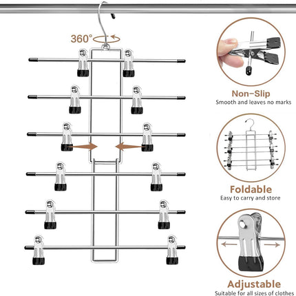 Pants Hangers with Clips,Space Saving Hanging Closet Organizer-6 Tiers Skirt Hangers with 360° Swivel Hook,Closet Organizer-Clothes Hangers- College Dorm Essentials Apartment Essentials-2 Pack