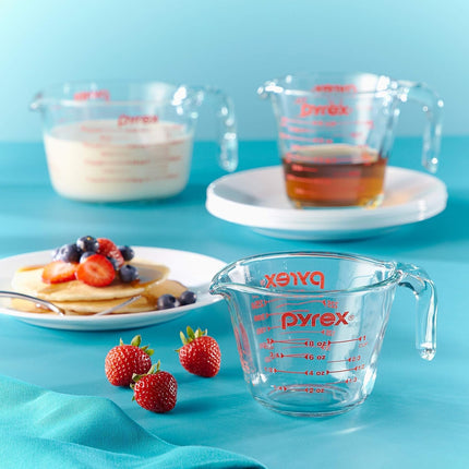 Essentials (3-Pack) Glass Measuring Cups Set, (1, 2 & 4 Cup) Measuring Cups for Prepping, Baking and Cooking, Preheated Oven, Dishwasher, Freezer, and Microwave Safe