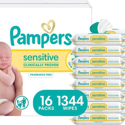 Sensitive Baby Wipes, Clinically Proven, Fragrance Free, Unscented, Water Based, Hypoallergenic, Multi-Use, Hand Wipes 1344 Wipes Total (24X Flip-Top Packs) [Packaging May Vary]