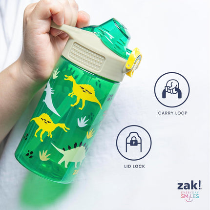 Sage Kids Water Bottle for School, Travel or at Home, 16Oz Durable Plastic Water Bottle with Straw, Handle, and Leak-Proof, Pop-Up Spout Cover (Dino)