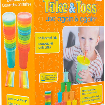 Take & Toss Straw Cups - Spill-Proof Kids Cups with Snap-On Lids and Straws - Portable and Dishwasher Safe Party Pack - Rainbow - 10 Oz - 20 Count - Ages 18 Months and Up
